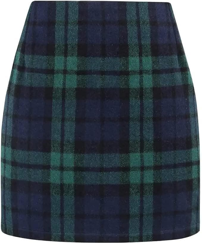 Women's High-Wasted Plaid Wool Bodycon Skirt — Green