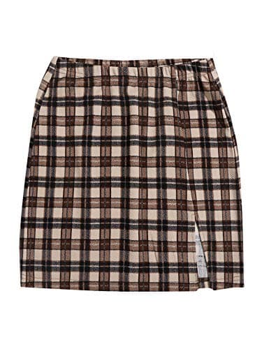 Floerns Women's High Waisted Mini Plaid Split Hem Casual Skirt — Brown Tartan