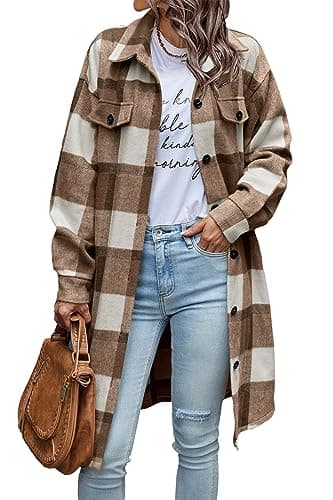 PrettyGarden Women's Plaid Shacket Long Sleeve Button Up Flannel Winter Coat — Plaid Brown
