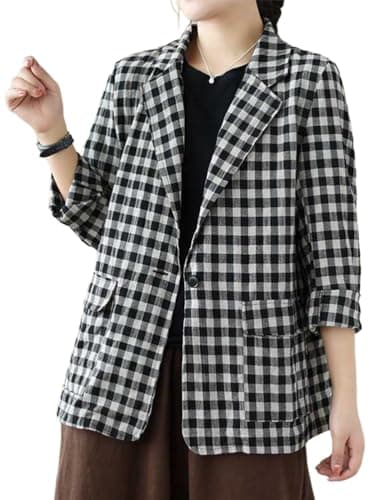Cotton Linen Plaid Blazer for Women Oversized Lightweight Jacket — Plaid 01