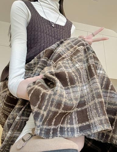 IDEALSANXUN Wool Plaid Midi Skirt for Women Fall Winter