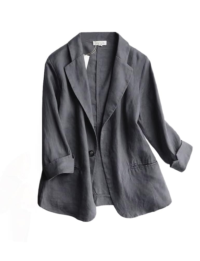 IDEALSANXUN Grey Women's Cotton Linen 3/4 Sleeve Suit Jacket