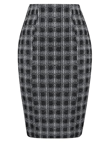 KKate Kasin Women's Elastic Waist Stretch Tweed Pencil Skirt — Tweed Black