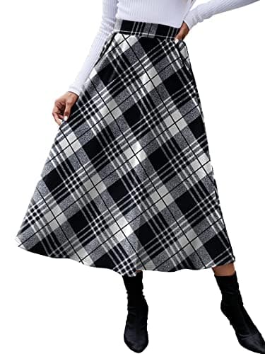 HUSKARY Classic High-Elastic Waist Plaid Midi Skirt for Women — Black White