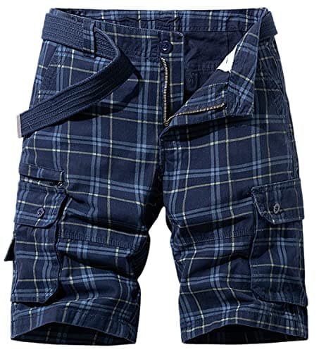 Men's Multi-Pocket Cargo Shorts — Navy-plaid