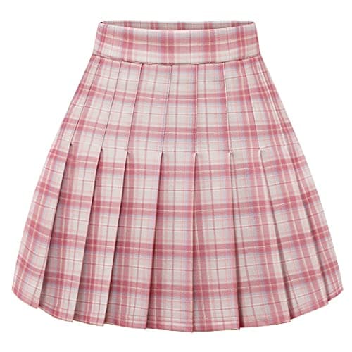 Pleated Skirts for Women: High Waist Mini Skater Tennis A-line Cheerleader — Pink White Plaid