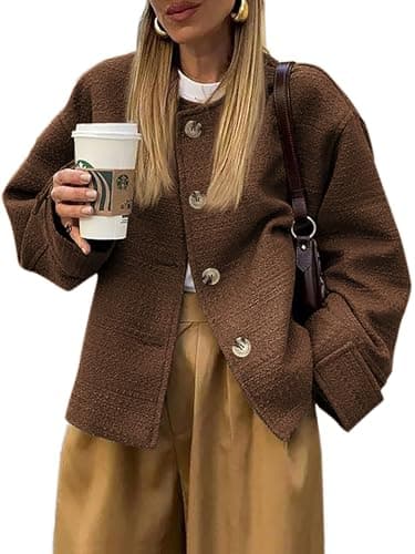 2024 Fall Women's Long Sleeve Tweed Blazer with Pockets — Dark Brown