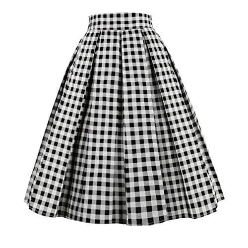 Girstunm Women's Floral Print A-line Midi Skirt with Pockets — Black-white Plaid