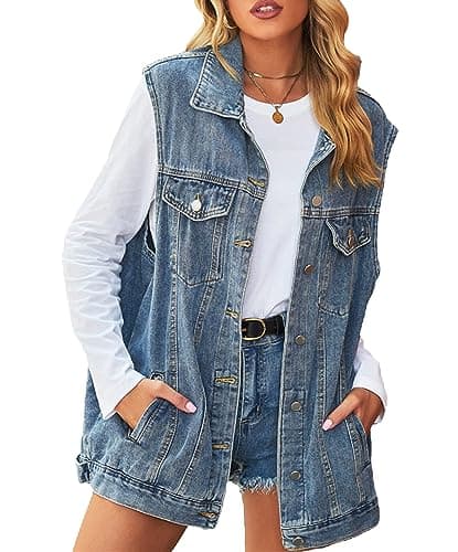 PAODIKUAI Women's Oversized Distressed Denim Vest Jackets — A2-blue