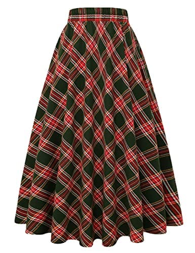 Women's Plaid A-line Midi Pleated Skirt — Green&red