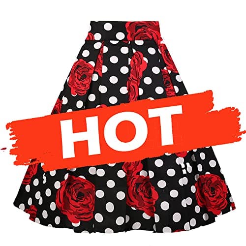 Girstunm Women's Floral Print A-line Midi Skirt with Pockets — White-dot Rose