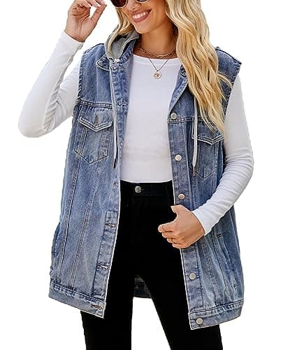 PAODIKUAI Women's Oversized Distressed Denim Vest Jackets — A2-blue With Hood