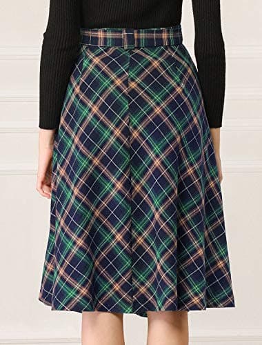 Allegra K Women's Vintage Tartan Midi Skirt with High Waist Belt