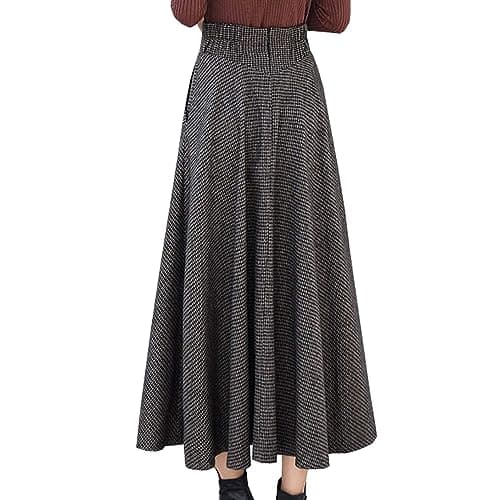 High Waist Plaid Wool Maxi Skirt for Women - A-Line Flared Style
