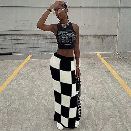 SHIPPOOOU Women High Waist Plaid Elastic Long Midi Skirt