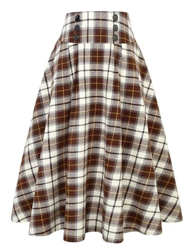 Women's High Waist Plaid A-line Midi Skirt by IDEALSANXUN — Coffee