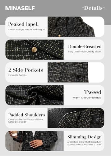 Mina Self 2025 Women's Spring Plaid Tweed Lapel Blazer Jacket with Pockets