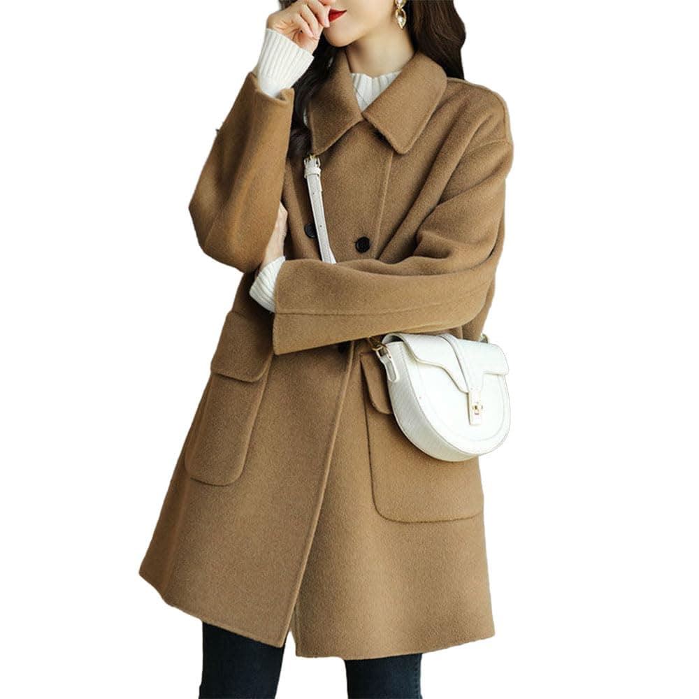 BININBOX Women's Mid Long Thicken Double Breasted Pea Coat with Pockets