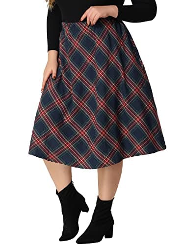 Agnes Orinda Plus Size 2024 A-line Plaid Flare Midi Skirt — Red Dark Blue
