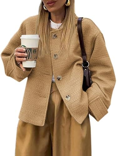 2024 Fall Women's Long Sleeve Tweed Blazer with Pockets — Camel
