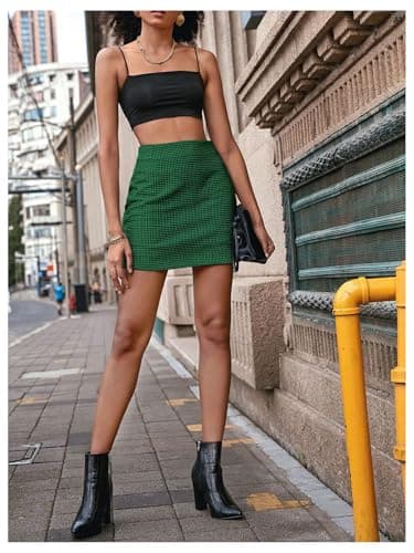 MakeMeChic Women's High Waist Houndstooth Mini Zipper Bodycon Skirt