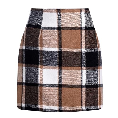 Elastic Waist Zipper Pencil Skirt: Vintage Women's Plaid Mini Above Knee Short Skirts — 02-khaki Plaid