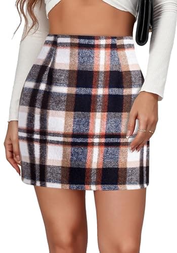 FEOYA Women's High-Waisted Plaid Wool Bodycon Mini Skirt — Brown