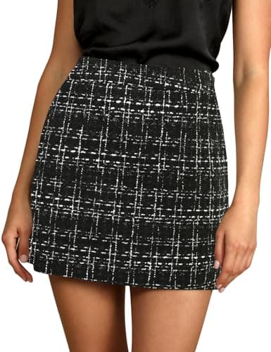 Womens Wool Plaid Mini Skirt with High Elastic Waist for Fall and Winter