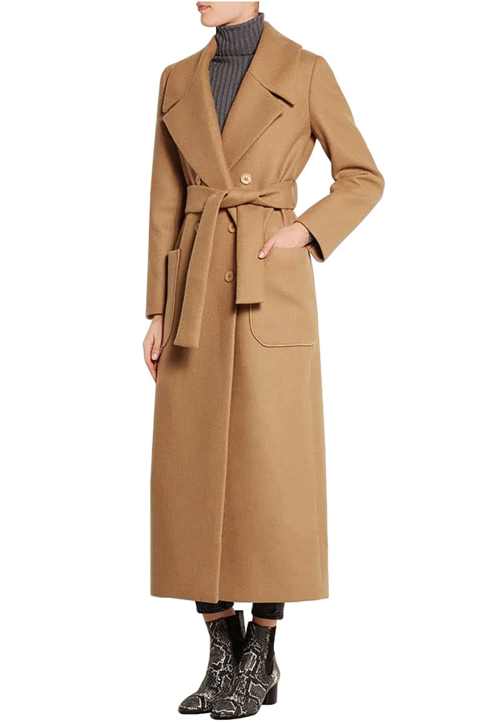 CHARTOU Women's Elegant Wool Blend Double Breasted Overcoat with Belt