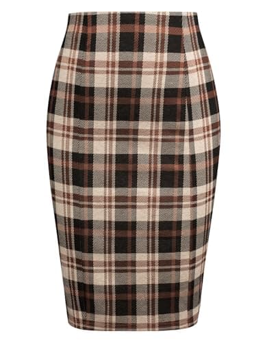 Women's Kate Kasin Knee-Length Elastic Waist Stretch Plaid Business Skirt