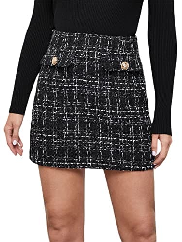 WDIRARA Women's Mid Waist Casual Plaid Above Knee Mini Skirt — Tweed Black White