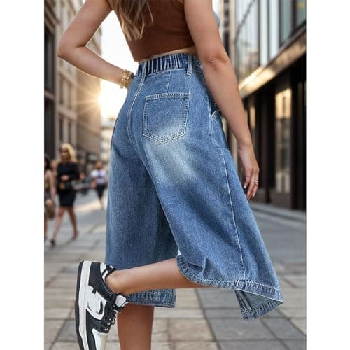 Djeanxa Women's Y2K Wide Leg Knee-Length Denim Shorts with Pockets