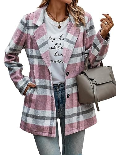 PrettyGarden Women's Plaid Winter Jacket With Pockets — Short Style Pink White