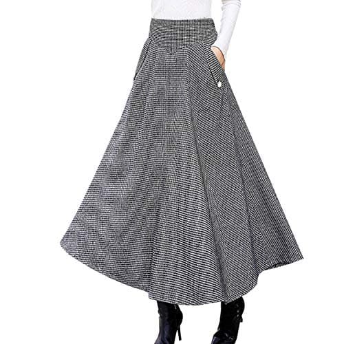 High Waist Plaid Wool Maxi Skirt for Women - A-Line Flared Style — Black White Plaid