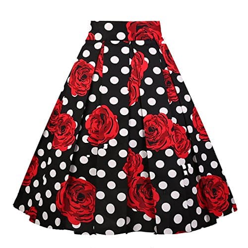 OBBUE Vintage Floral A-line Printed Midi Skirt with Pockets — White-dots-rose