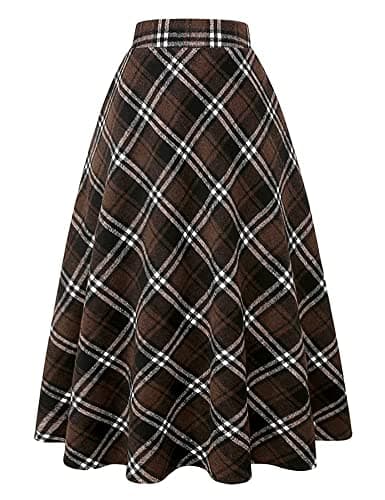 Women's Long Plaid Wool Skirt for Winter: High Waisted A-line Flare — Coffee