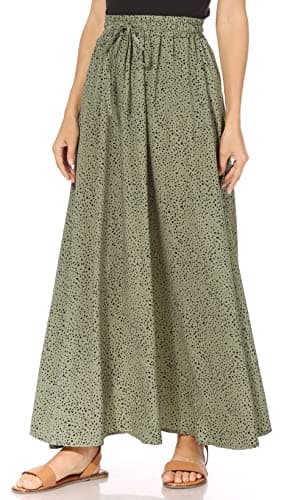 Trendy Women's Maxi Skirts - Flowy Summer Aline Elastic High Waisted Reg & Plus Size — Green Black Dots