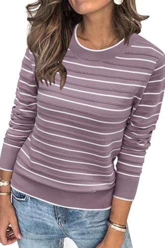 Womens Arach&Cloz Knit Sweater Long Sleeve Casual Spring Outfit Fashion — Striped Purple White