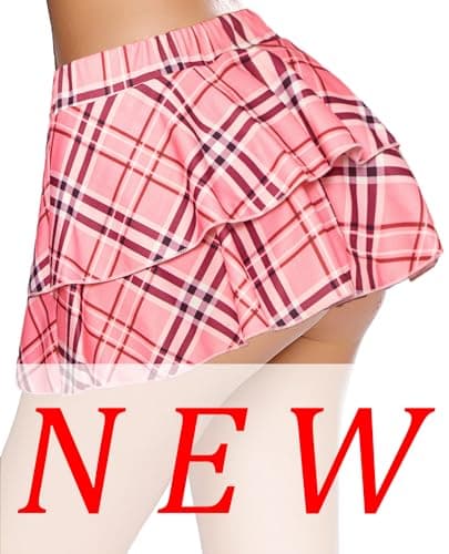 Avidlove Women's Pleated Mini Skirt with Solid Ruffle Lingerie Skirts — Pink Plaid