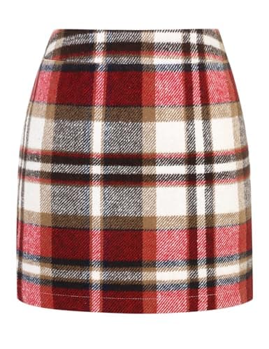 Women's Wool Plaid Mini Skirt - High Elastic Waist for Fall & Winter — Wine