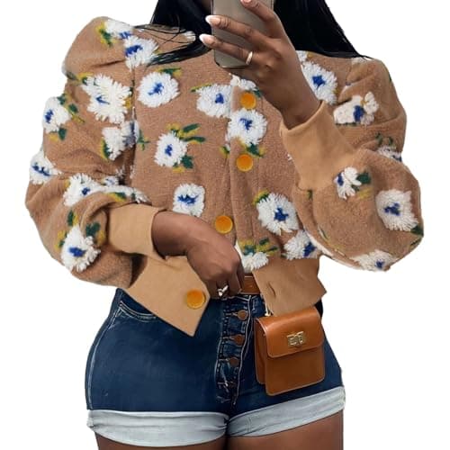 HOULENGS Women's Cropped Floral Fleece Bomber Jacket for Winter Warmth — Khaki