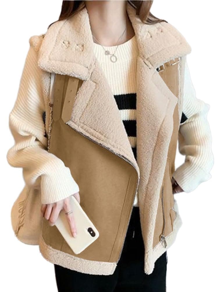 IDEALSANXUN Women's Suede Sherpa Vest Warm Fur Lined Coat