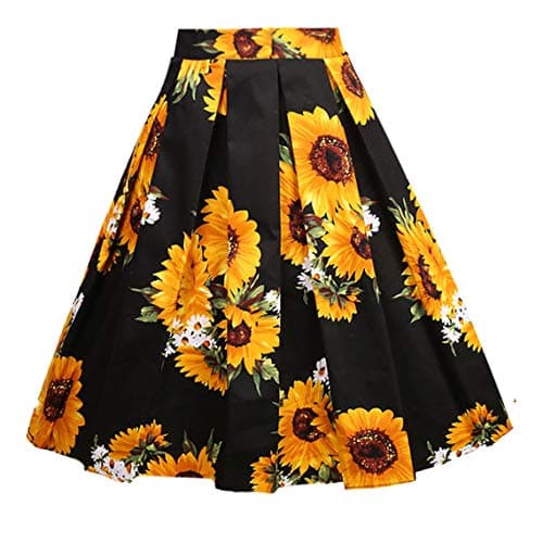 Girstunm Women's Floral Print A-line Midi Skirt with Pockets — Sun-flowers
