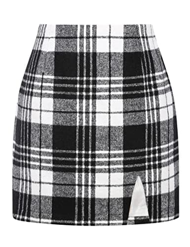 High Waisted Wool Plaid Mini Skirt with Slit for Women by IDEALSANXUN — Black