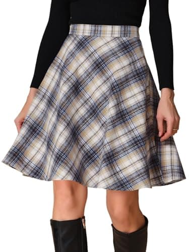 Allegra K Women's Vintage Tartan Knee-Length A-Line Elastic Waist Skirt — Khaki Blue