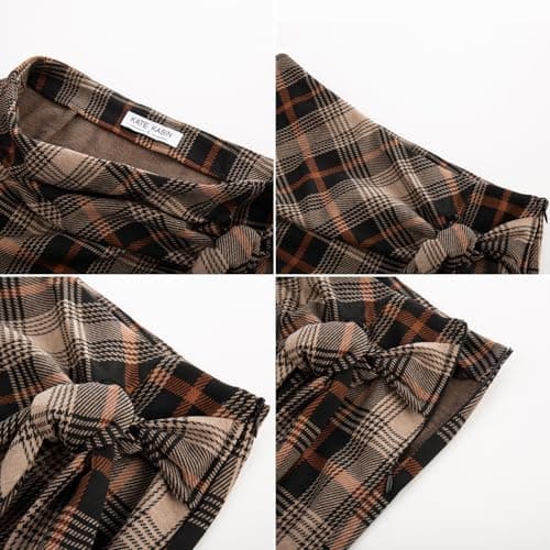 Kate Kasin High Waist Elastic Plaid Mini Skirt with Bow Tie Stretch