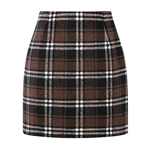 Women's Plaid Wool Mini Skirt for Fall and Winter — Coffee