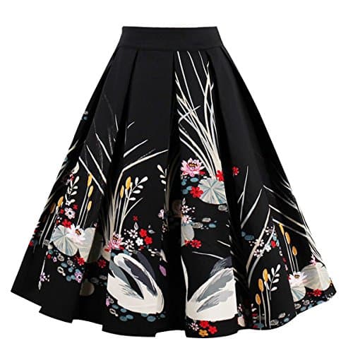 Girstunm Women's Floral Print A-line Midi Skirt with Pockets — Black-swan
