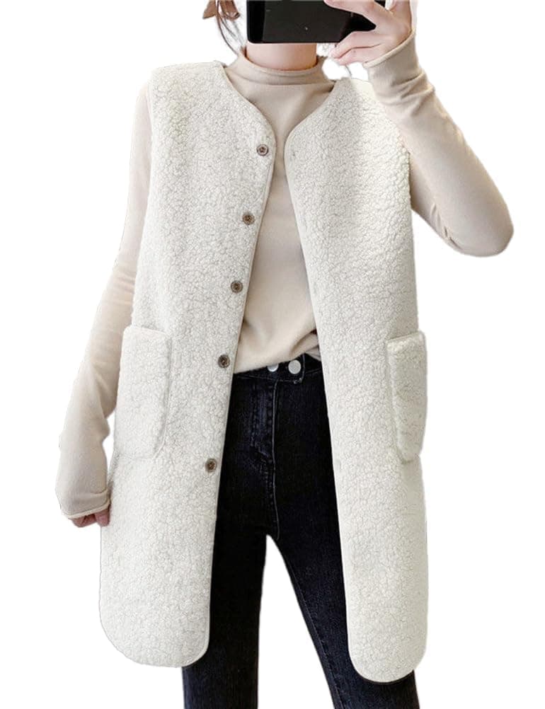 IDEALSANXUN Women's Fall Winter Long Fleece Sherpa Fuzzy Cardigan Vest