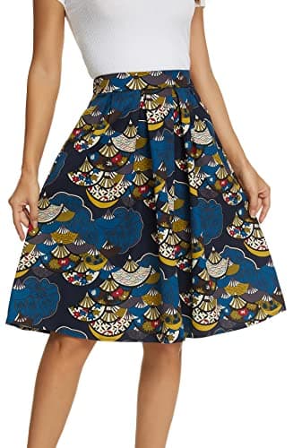 Tandisk Women's Vintage Printed Flared Midi Skirt with Pockets — Fan Leaf Flower